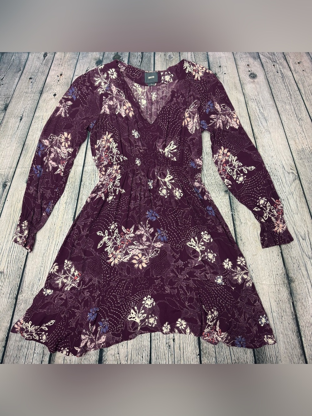 Maeve Pink/Purple Floral V-Neck Long Sleeve Dress Asymmetrical Hem Size Medium